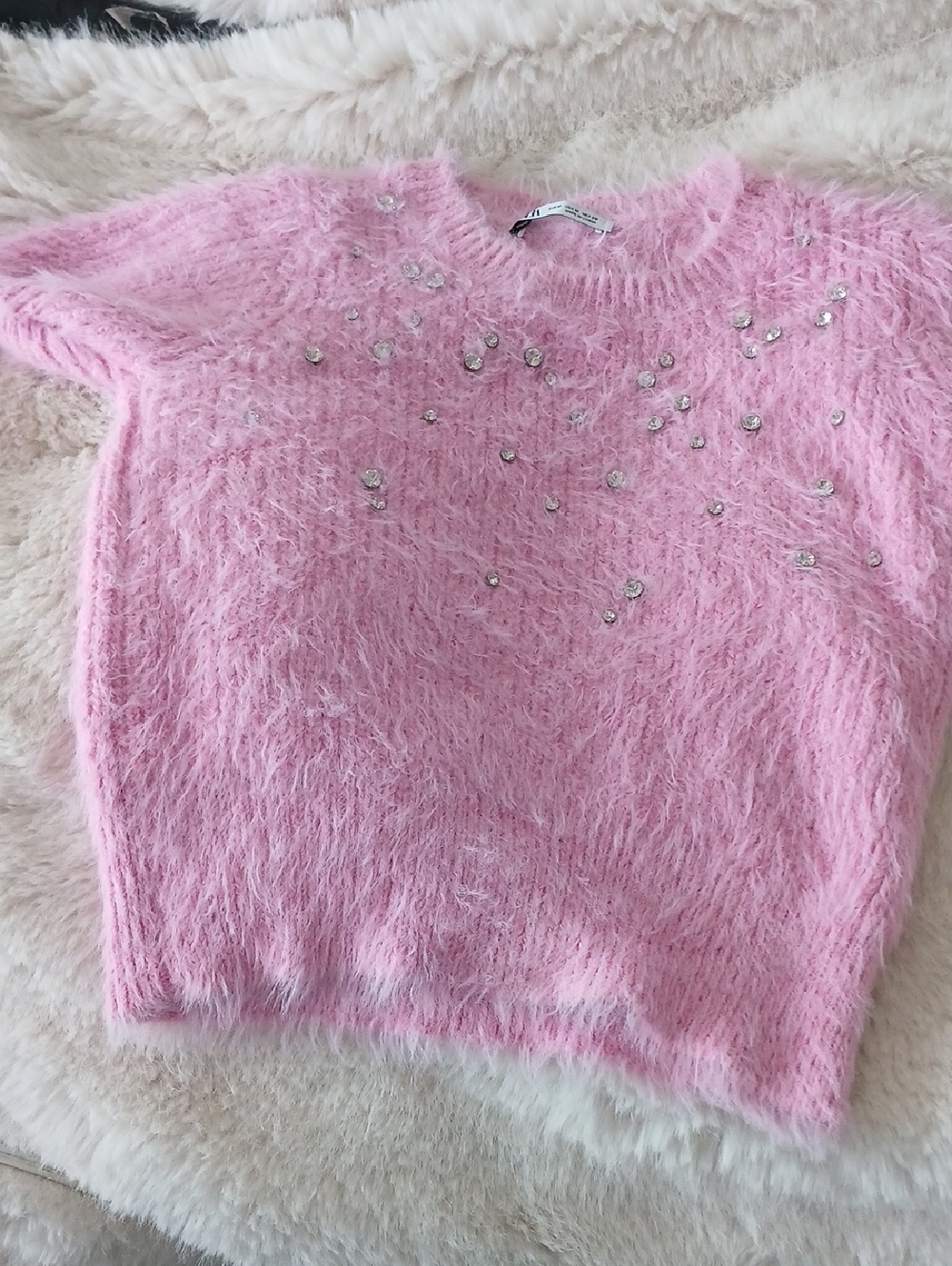 Zara Pink Faux-Fur Short-Sleeve Sweater with Crystal Accents
